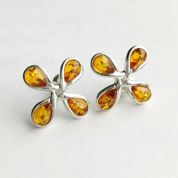 New, sterling silver amber modern flower stud earrings - Picture 2 of 6